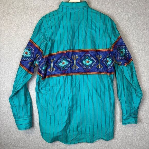 Roper Mens Size Large Aztec Print Button Front Shirt Blue Turquoise Long Sleeve - Picture 7 of 8